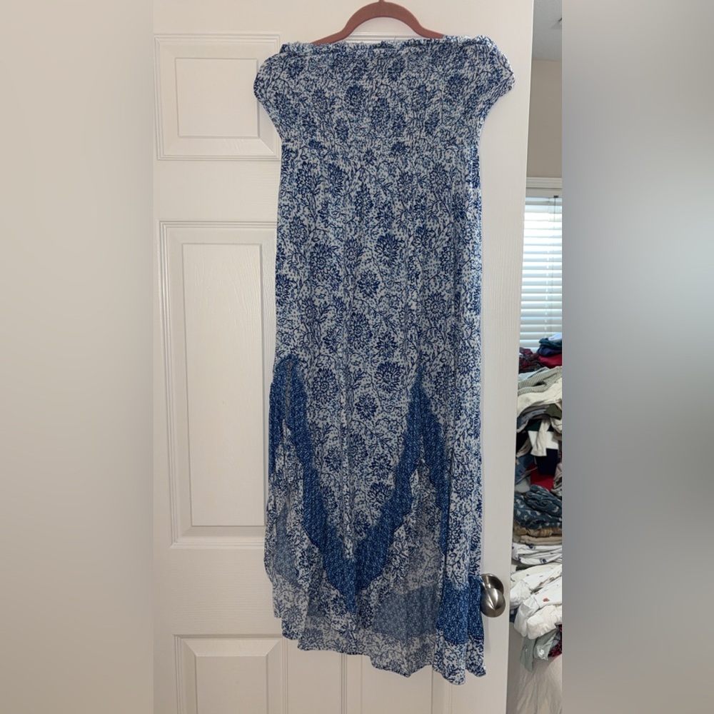 ILLA ILLA Blue Patterned Midi Strapless Dress